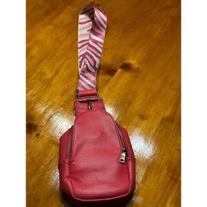Pink Pebbled Vegan Leather Sling Bag Zebra Guitar Strap Crossbody Backpack Y2K